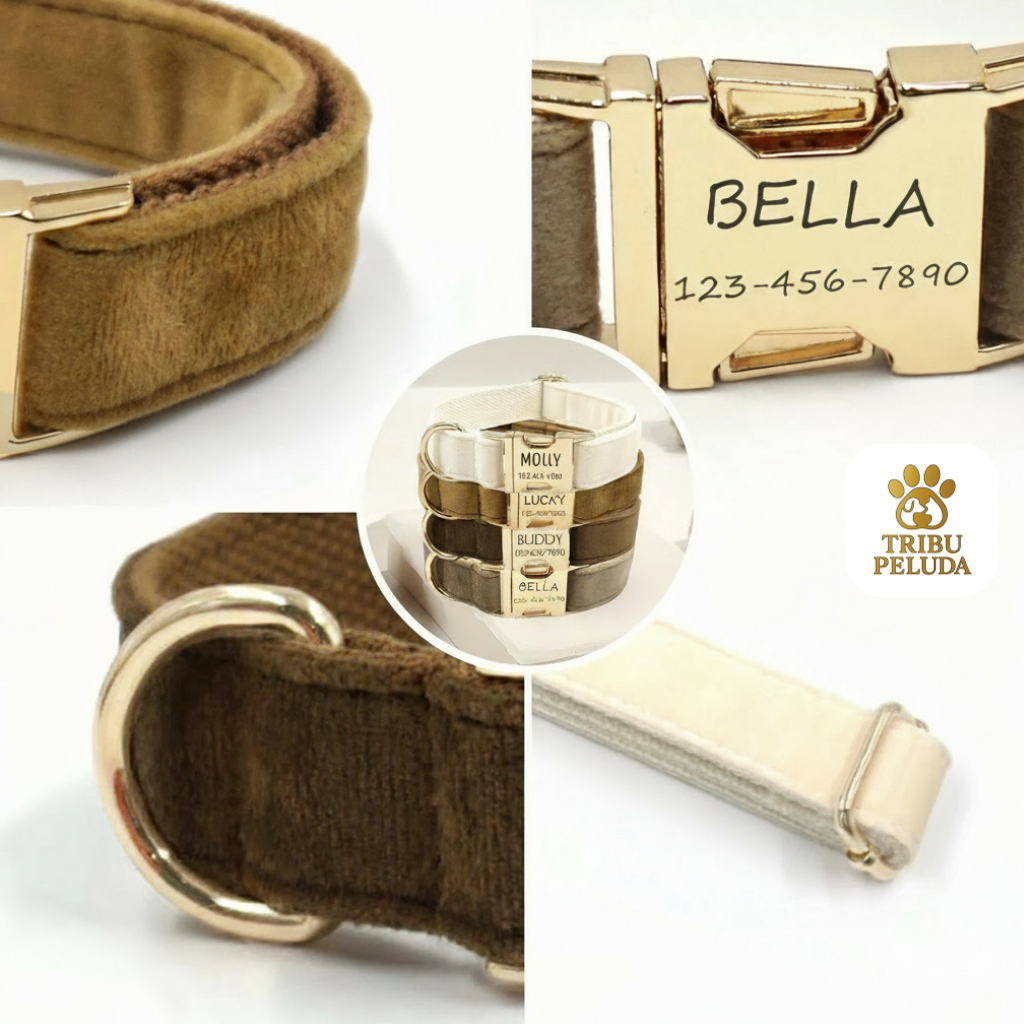 Collar Personalizado de Terciopelo para Perros | Suave, Ajustable y con Placa Grabada con Nombre