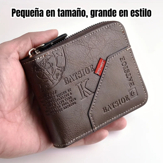Cartera para Hombre de Cuero PU | Billetera Corta con Cremallera, Monedero y Porta Tarjetas