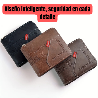 Cartera para Hombre de Cuero PU | Billetera Corta con Cremallera, Monedero y Porta Tarjetas