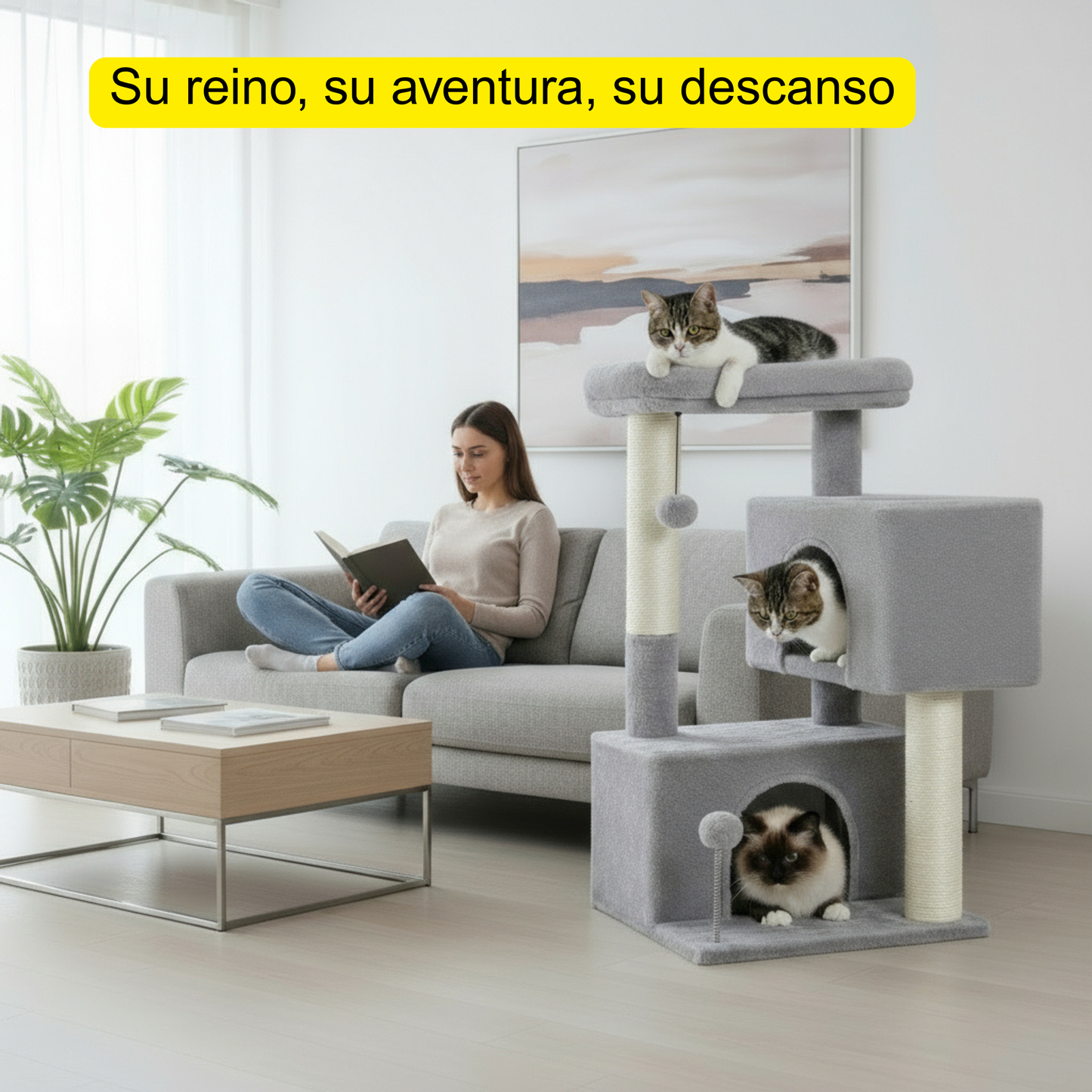 Árbol para Gatos Grandes PAWZ Road | Torre Rascadora con Cuevas, Plataforma y Juguetes Colgantes