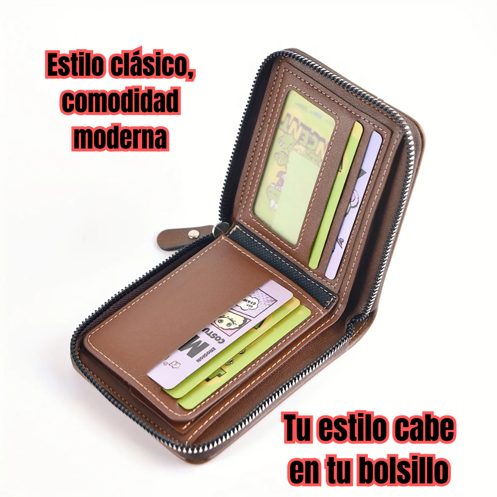 Cartera para Hombre de Cuero PU | Billetera Corta con Cremallera, Monedero y Porta Tarjetas